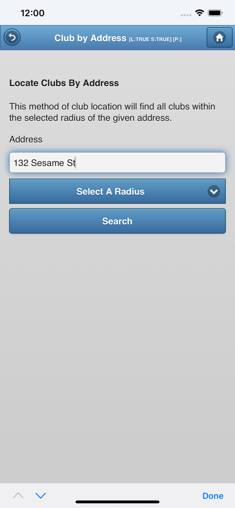 DACdb Mobile - Interface of the DACdb Mobile app to locate service clubs by address with search and radius options.