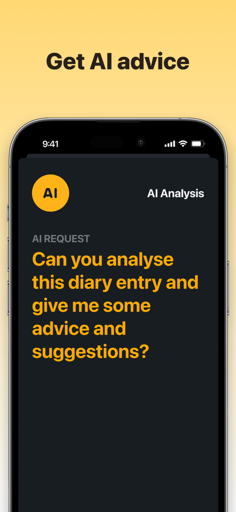 Solid Diary - AI Journal - A smartphone screen showing the AI analysis feature of the Solid Diary app with a request for advice on a diary entry