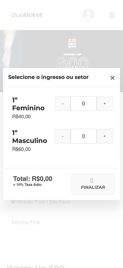 Ecrã móvel da aplicação Duoticket mostrando opções de seleção de bilhetes para um evento com preços e seletores de quantidade
