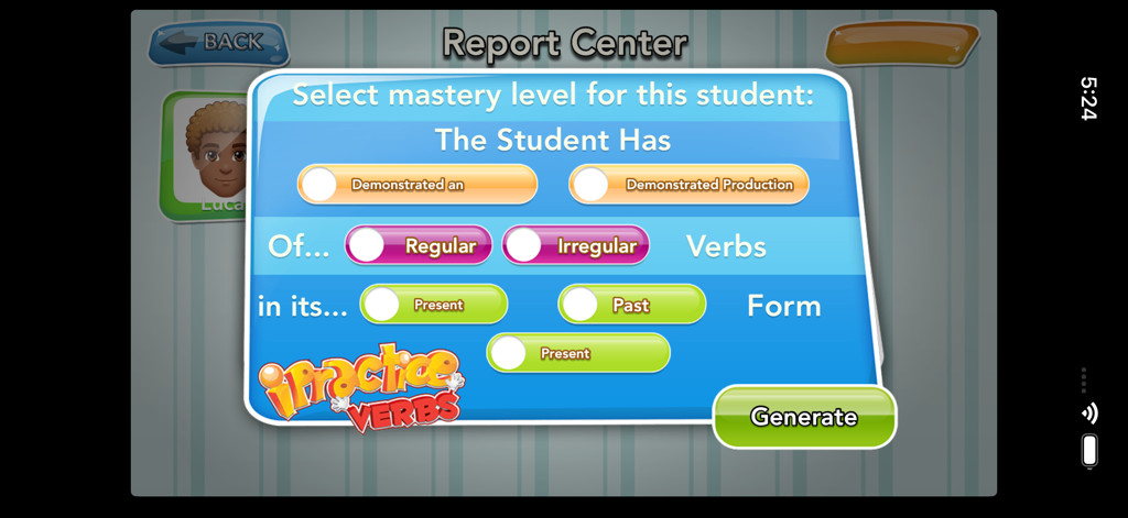 iPractice Verbs - The Report Center screen in iPractice Verbs showing options to select a student's mastery level for generating a progress report.