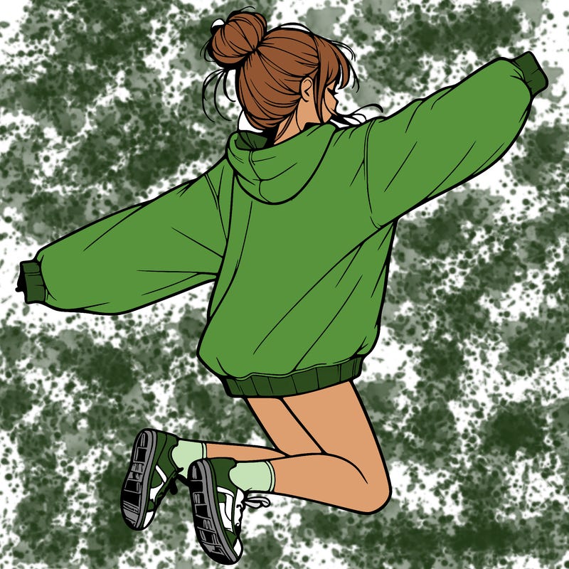 realistic girl jumping with a bun and oversized sweatshirt