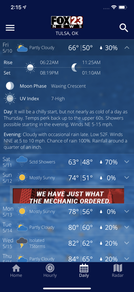 FOX23 Weather - FOX23 Weather app screen showing the 7-day daily forecast for Tulsa Oklahoma