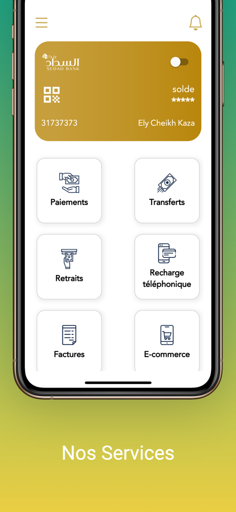 Sedad banking app home screen showing financial service icons for payments transfers and bill pay