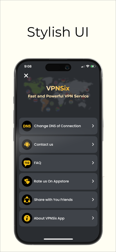 VPNSix - Optimized and Fast - iPhone mostrando el menú de configuración de la aplicación VPNSix con opciones de DNS, soporte y Preguntas Frecuentes bajo el encabezado Interfaz Elegante.
