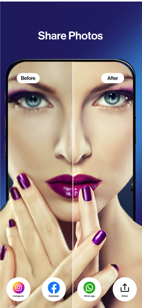 Photo Enhancer - AIPhotor - Before and after comparison of an AI enhanced portrait with social media sharing options