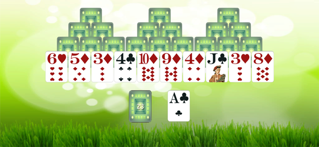 Solitaire 3D. - Solitaire 3D game screen showing TriPeaks card layout with a green nature background
