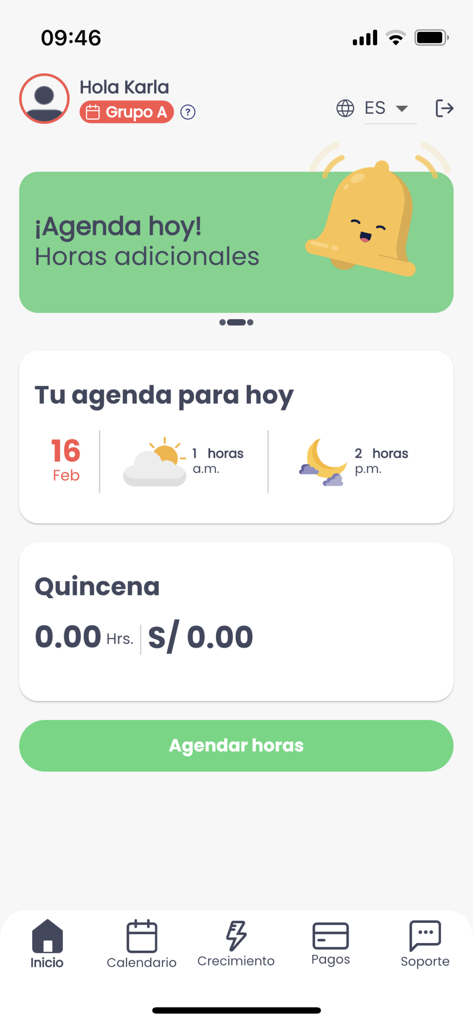 UbyCall - UbyCall mobile app dashboard showing work schedule and biweekly earnings in Spanish