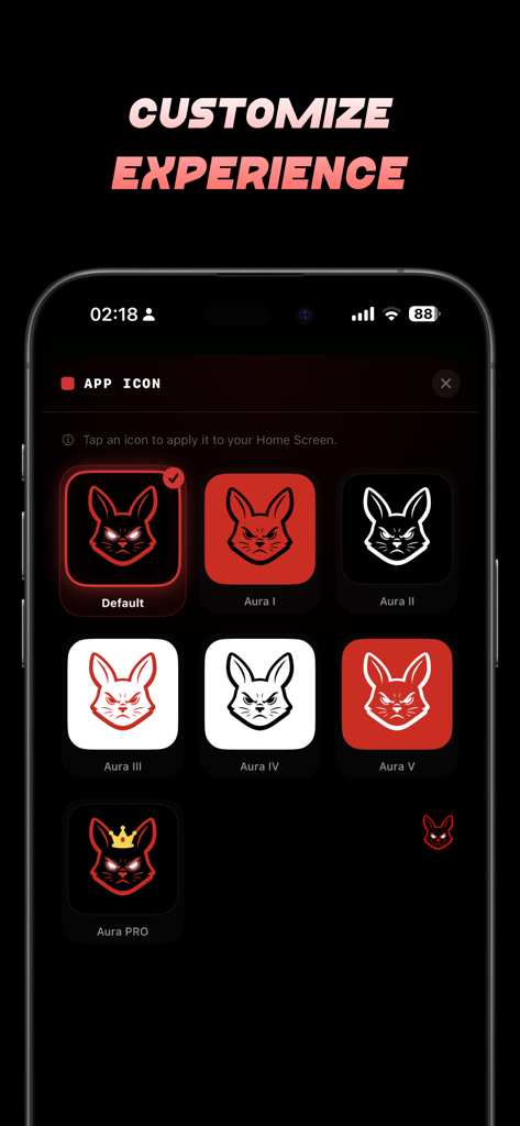 Dark Aura XIT Panel - Una pantalla que muestra diferentes diseños de iconos de aplicaciones con un logotipo de conejo para la aplicación Dark Aura XIT Panel