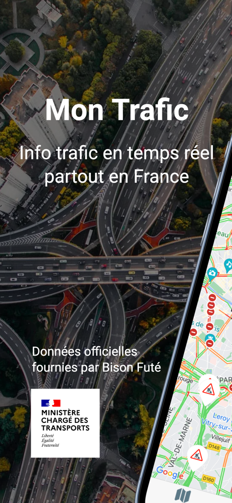 Mon Trafic - Info Circulation - フランスのリアルタイム交通地図と公式Bison Futeデータを示すMon Traficアプリのホーム画面