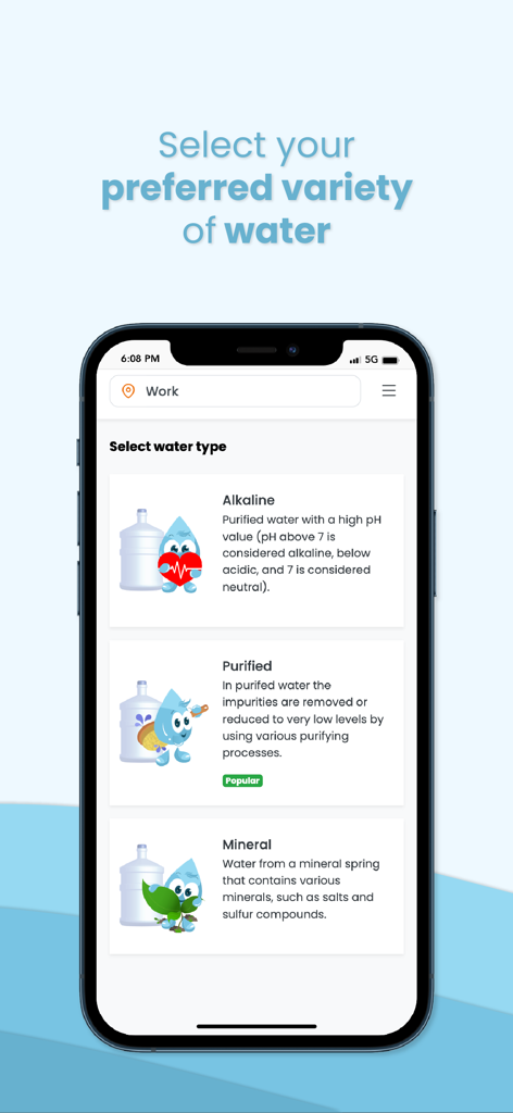 A smartphone showing the Water Delivery Philippines app screen where users can select between alkaline, purified, and mineral water types.
