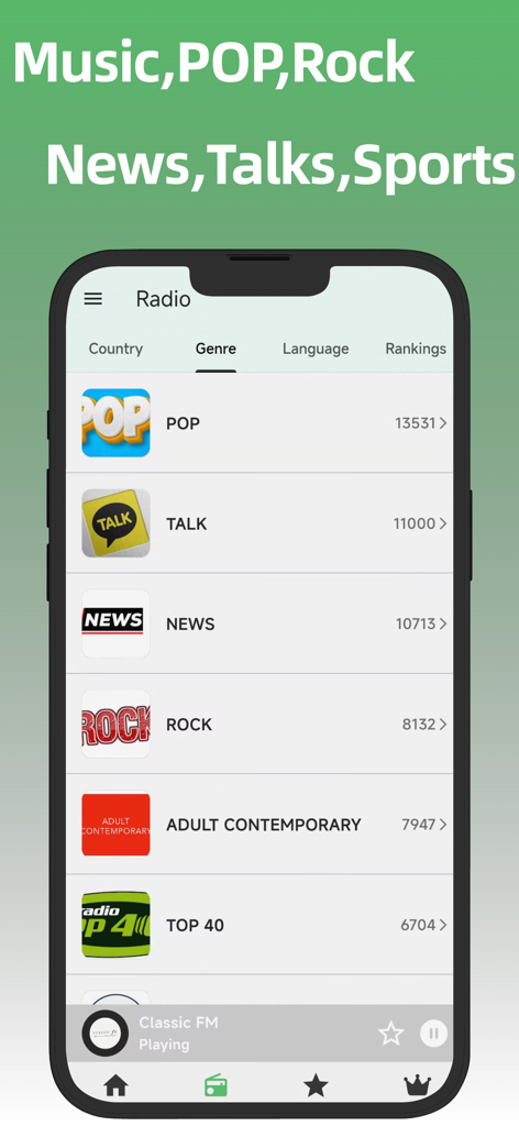Radio FM app interface showing radio station categories like Pop Talk News and Rock