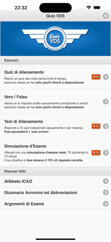 Quiz VDS App-Startbildschirm mit Lernkategorien für die Flugprüfung