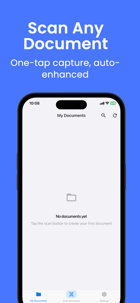 Scanner APP:JPG,Photo to PDF - Interfaz de la aplicación móvil para escanear documentos con captura de un solo toque y funciones de mejora automática