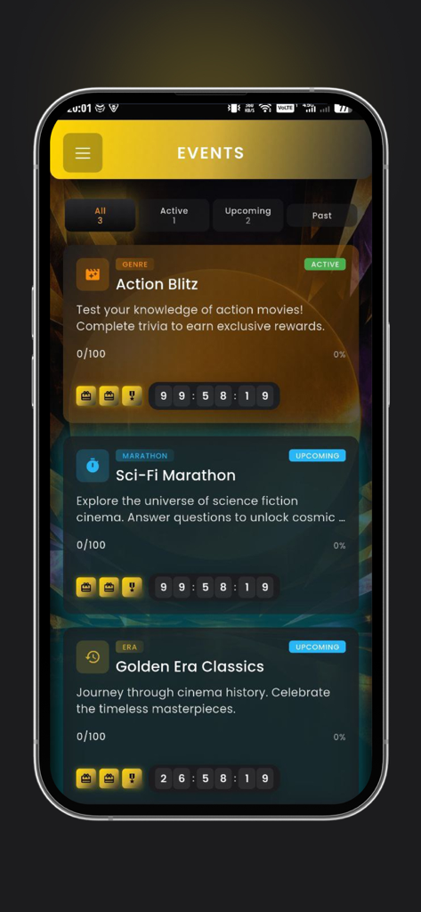 Flickory - The events screen of the Flickory app displaying movie trivia challenges for action and sci-fi genres with countdown timers and progress bars.