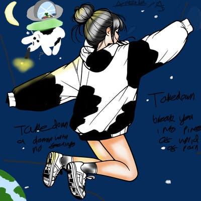 realistic girl jumping with a bun and oversized sweatshirt