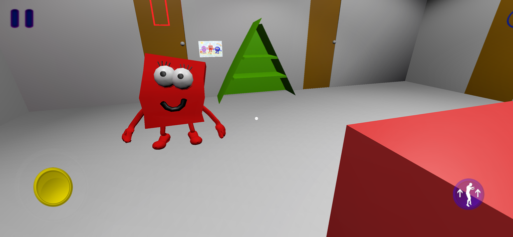 A red square character standing in a minimalist room from the indie game Save The Shapes