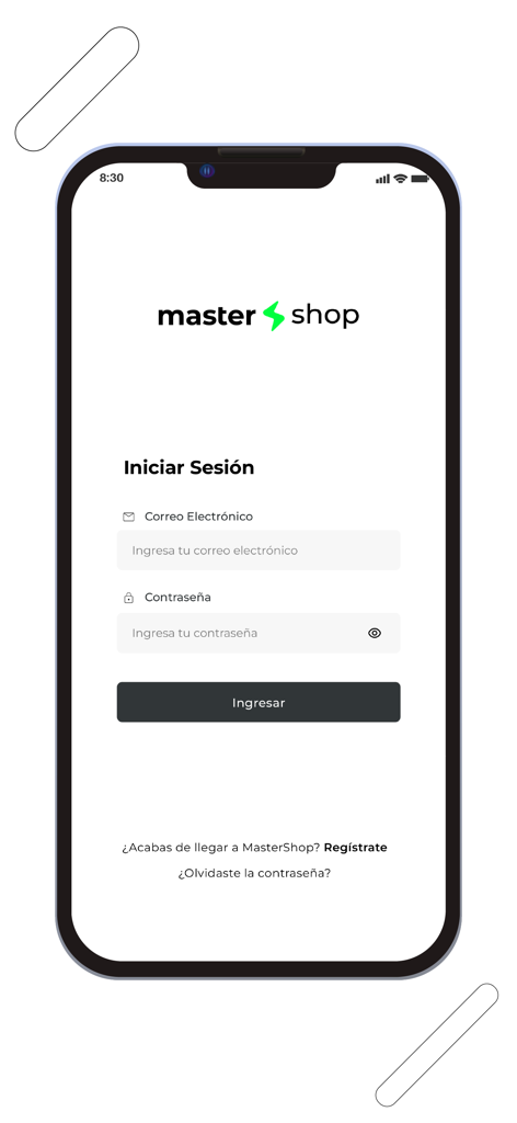 Tela de login do aplicativo Mastershop em espanhol com campos de e-mail e senha