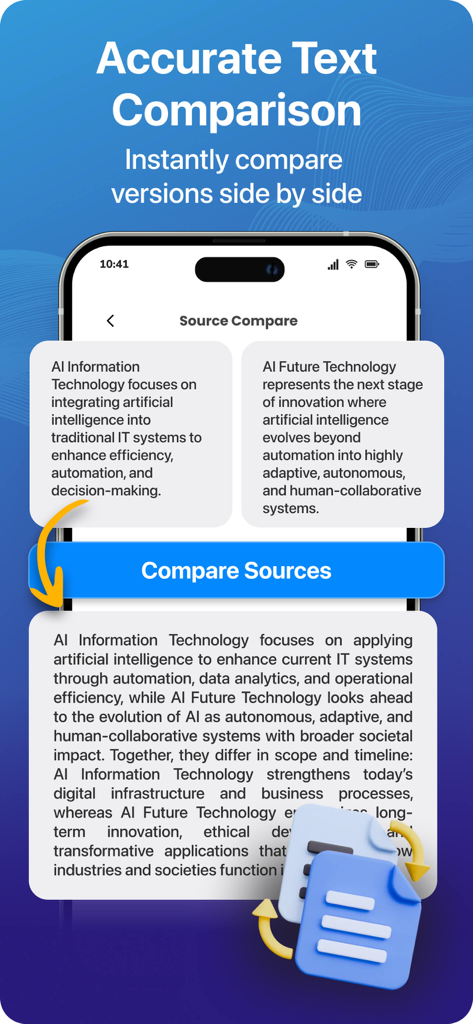 TurniTin app interface showing side by side text comparison for originality check