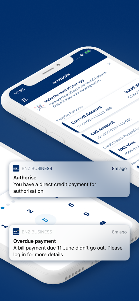 BNZ Mobile Business Banking - Smartphone displaying BNZ business banking app with push notifications for payment authorization and overdue bills.