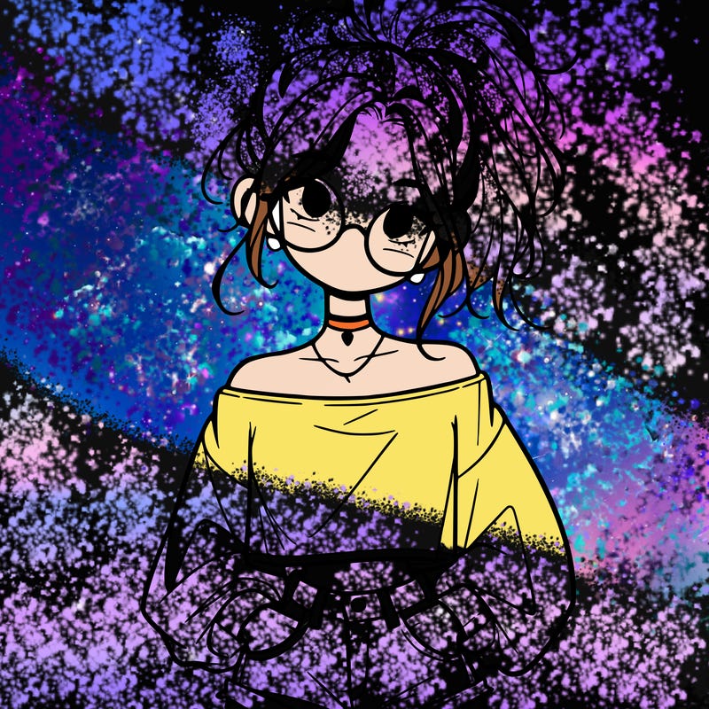 girl with a messy ponytail glasses a baggy crop top and jean shorts