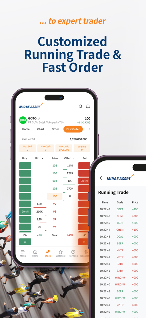 M-STOCK app screen displaying fast order and running trade options for expert traders.