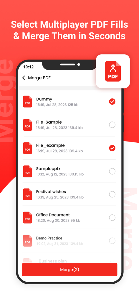 PDF Reader - Read PDF Files - A mobile screen showing the merge PDF feature with a list of documents and selection checkboxes.