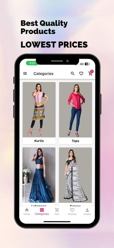Reeta Fashion- Online Shopping - Mobile app interface of Reeta Fashion displaying ethnic clothing categories including Kurtis, Tops, Lehengas, and Sarees.