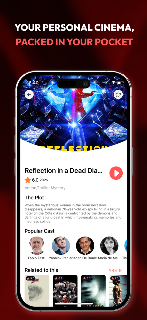 Interface do aplicativo Movie House HD mostrando detalhes do filme, incluindo enredo, elenco e recomendações