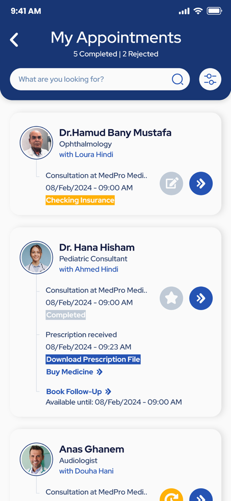 Med Quick - Med Quick app screen displaying a list of medical appointments for family members with doctor details and prescription options