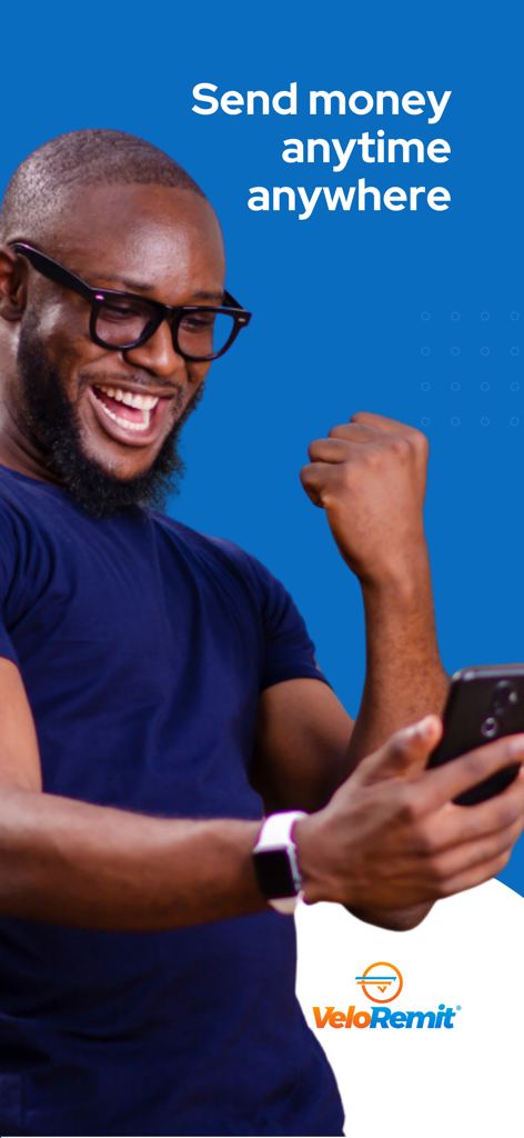 VeloRemit - A happy man using the VeloRemit mobile app to send money anytime anywhere