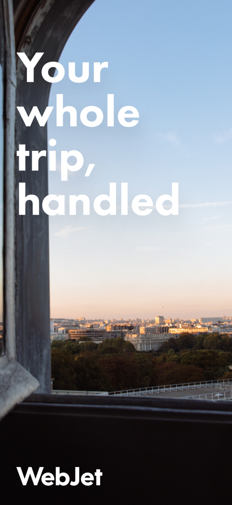 Webjet - Vue de la ville depuis une fenêtre avec le texte « Votre voyage est entièrement pris en charge » et le logo Webjet