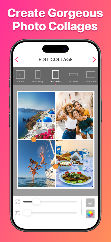 Photo Editor - Interface of the Photo Editor app showing a collage of four photos and social media layout options like Insta Post and FB Cover.