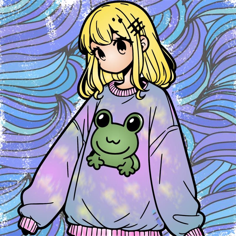 girl wearing frogging sweatshirt