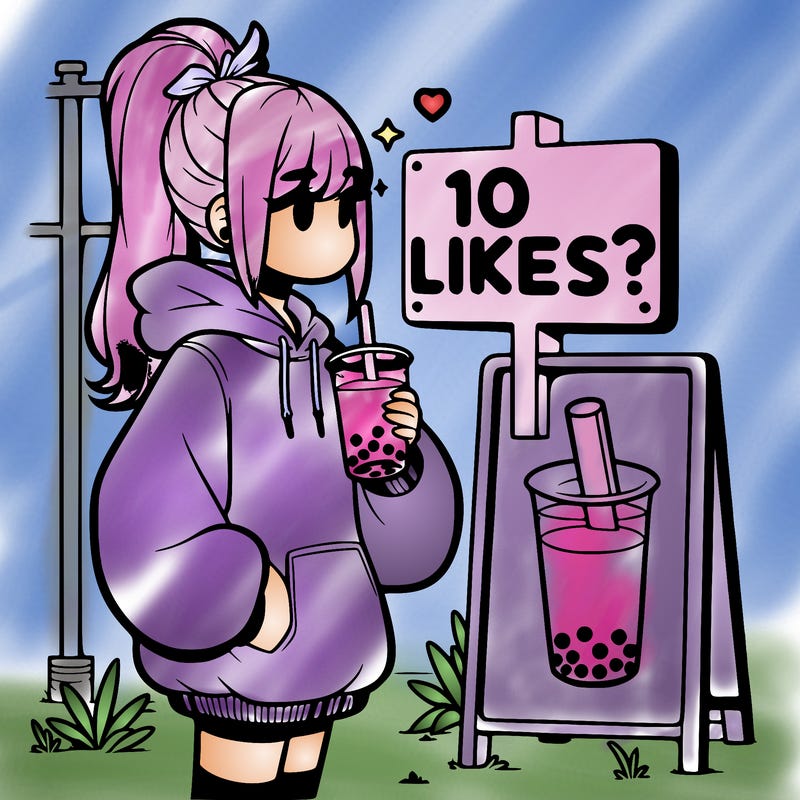 girl with oversized hoodie drinking boba and she has a high ponytail with a sign that says 10likes?