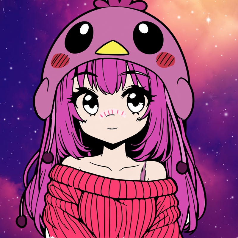 anime girl with chick shaped hat with sweater with bare shoulders with bangs covering them one eye with low tail