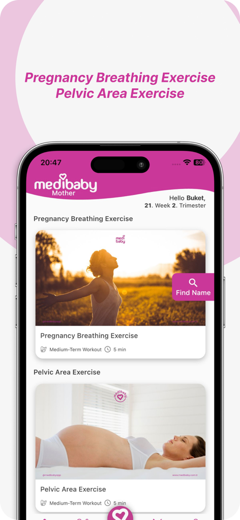 MediBaby—Pregnancy Tracker App - MediBaby app interface showing prenatal breathing and pelvic area exercise options for an expectant mother