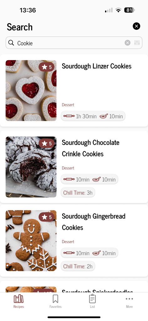 Search results for sourdough cookie recipes in the Little Spoon Farm app showing Linzer, Chocolate Crinkle and Gingerbread options.
