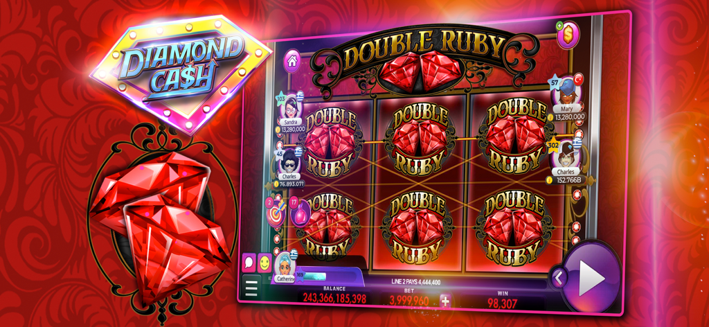 Diamond Cash Slots 777 Casino - Gameplay-Bildschirm von Diamond Cash Slots mit dem Double Ruby Spielautomaten und sozialen Spieler-Avataren