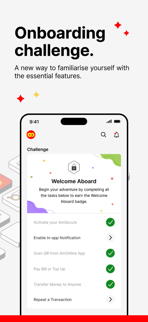 AmOnline onboarding challenge screen showing a checklist of essential banking tasks for new users