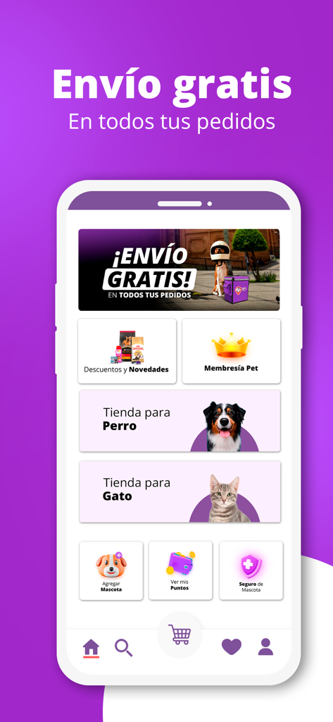 Envios Pet – Petshop Delivery - Envios Pet mobile app home screen showing free delivery offer and pet shopping categories