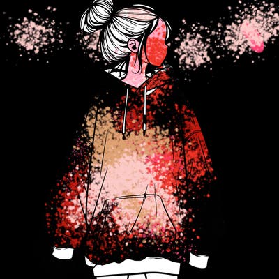 realistic girl with a oversized sweatshirt on and a bun