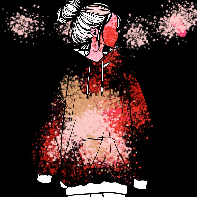 realistic girl with a oversized sweatshirt on and a bun
