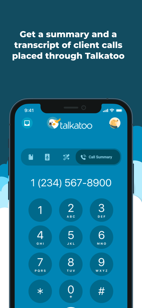 Talkatoo - Interface of Talkatoo app showing the call summary and transcript feature for veterinary client calls.