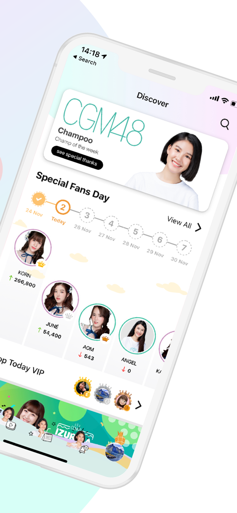 iAM48 - CGM48 회원 순위와 특별 팬 데이 타임라인을 보여주는 iAM48 앱 검색 인터페이스.