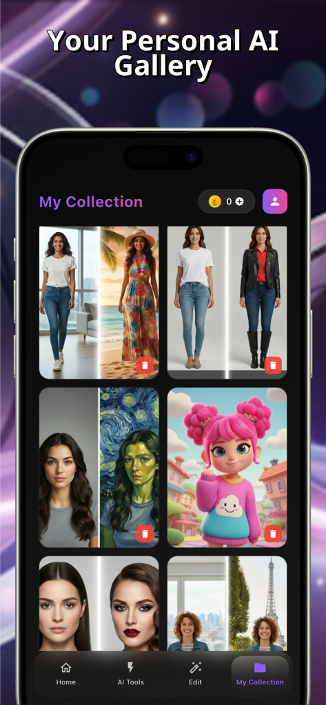 Photogenic AI - Photo Editor - Captura de pantalla de la aplicación Photogenic AI que muestra la galería personal de IA con varios ejemplos de transformación de imágenes como retratos profesionales y estilos creativos