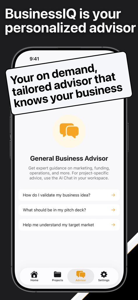 Tela do consultor de IA do BusinessIQ oferecendo orientação especializada sobre marketing de startup, financiamento e operações