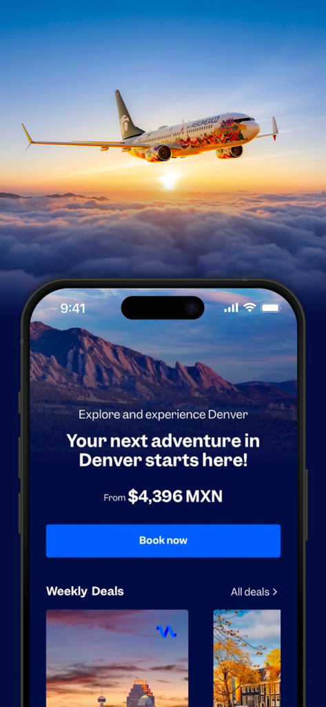 Aeroméxico - Aeromexico app screen displaying a travel offer to Denver and an airplane flying above the clouds