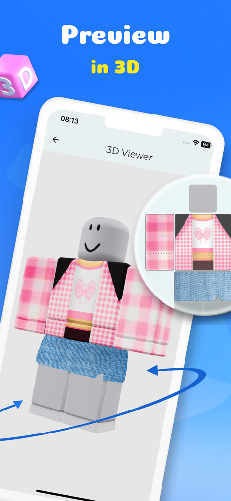 Clothes for Roblox Skins Maker - A 3D avatar in the Roblox Skins Maker app wearing a custom pink plaid jacket and denim skirt with a 3D viewer preview.