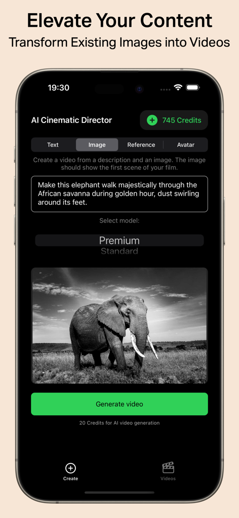 Cinematic AI: Create AI Videos - Cinematic AI app interface showing how to transform an image of an elephant into a video using a text prompt