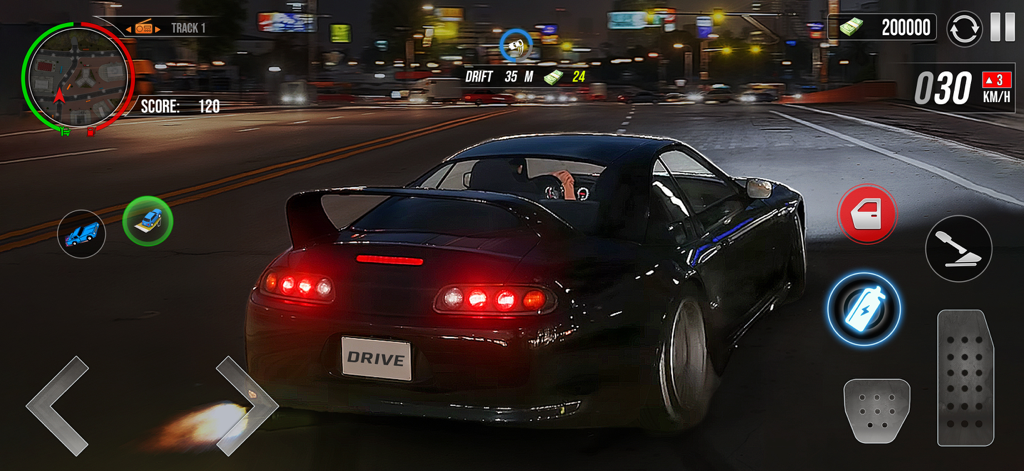 Car Drifting Night Driving - A black car drifting through a city at night with exhaust flames in the Car Drifting Night Driving mobile game